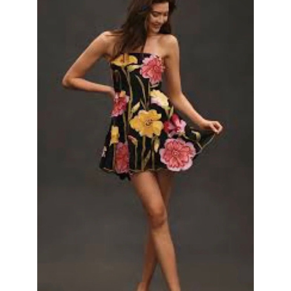 Anthropologie Strapless Floral Embroidered Mini Dress Black Pink Yellow Size S